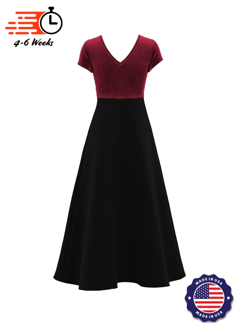 Jewel Neck V-Back Neck Short Sleeve Stretch Velvet Top/ Black Crepe Knit Gown