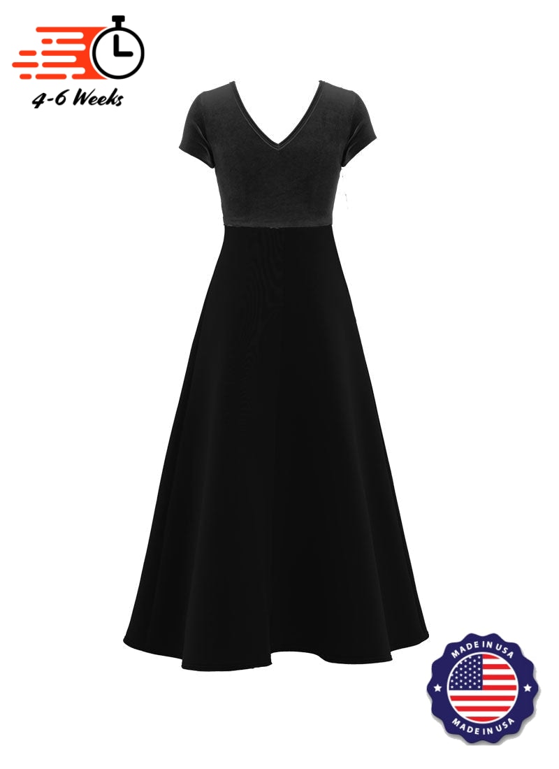 Jewel Neck V-Back Neck Short Sleeve Stretch Velvet Top/ Black Crepe Knit Gown