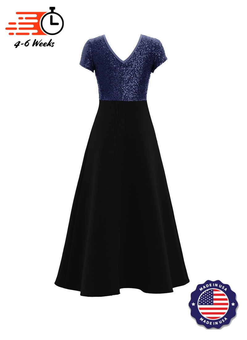 Jewel Neck V-Back Neck Short Sleeve Stretch Sequin Top/ Black Crepe Knit Gown