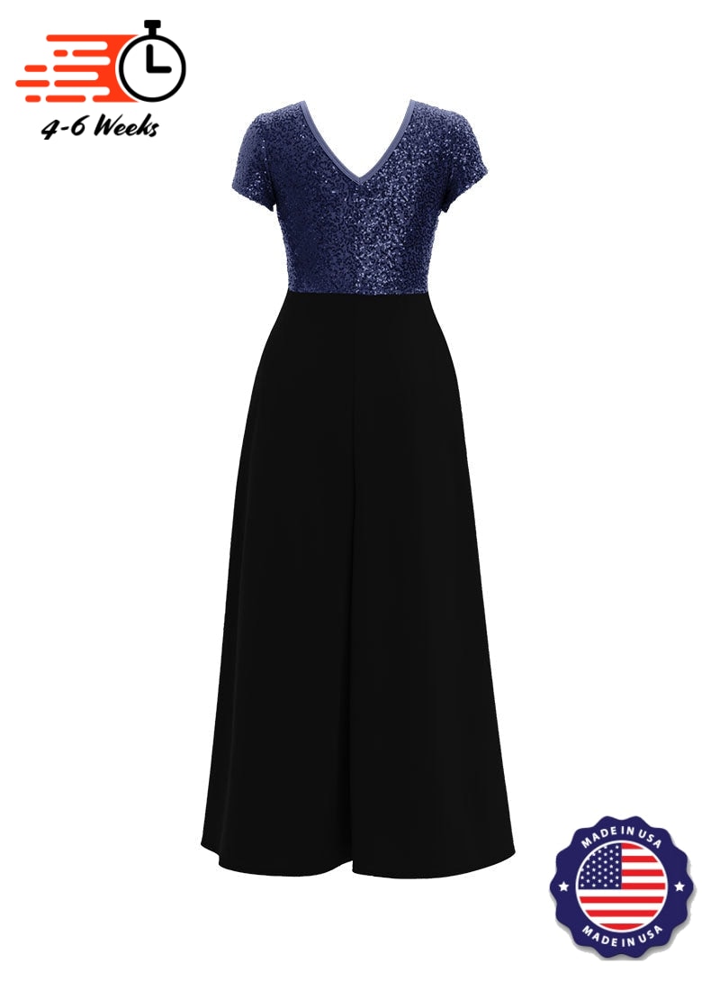 Jewel Neck V-Back Neck Short Sleeve Stretch Sequin Top/ Black Crepe Knit Palazzo Pant Jumpsuit
