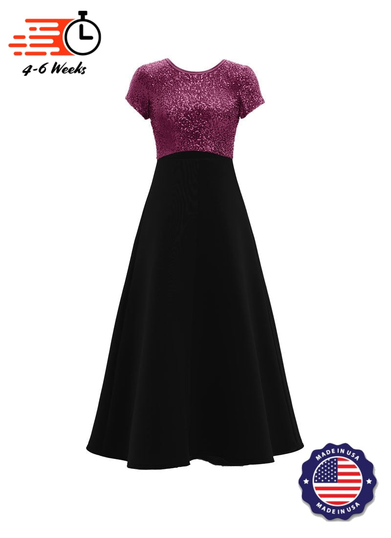 Jewel Neck V-Back Neck Short Sleeve Stretch Sequin Top/ Black Crepe Knit Gown
