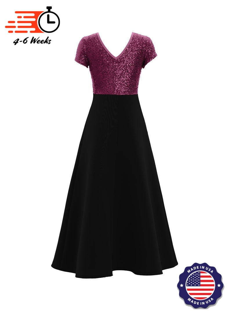 Jewel Neck V-Back Neck Short Sleeve Stretch Sequin Top/ Black Crepe Knit Gown