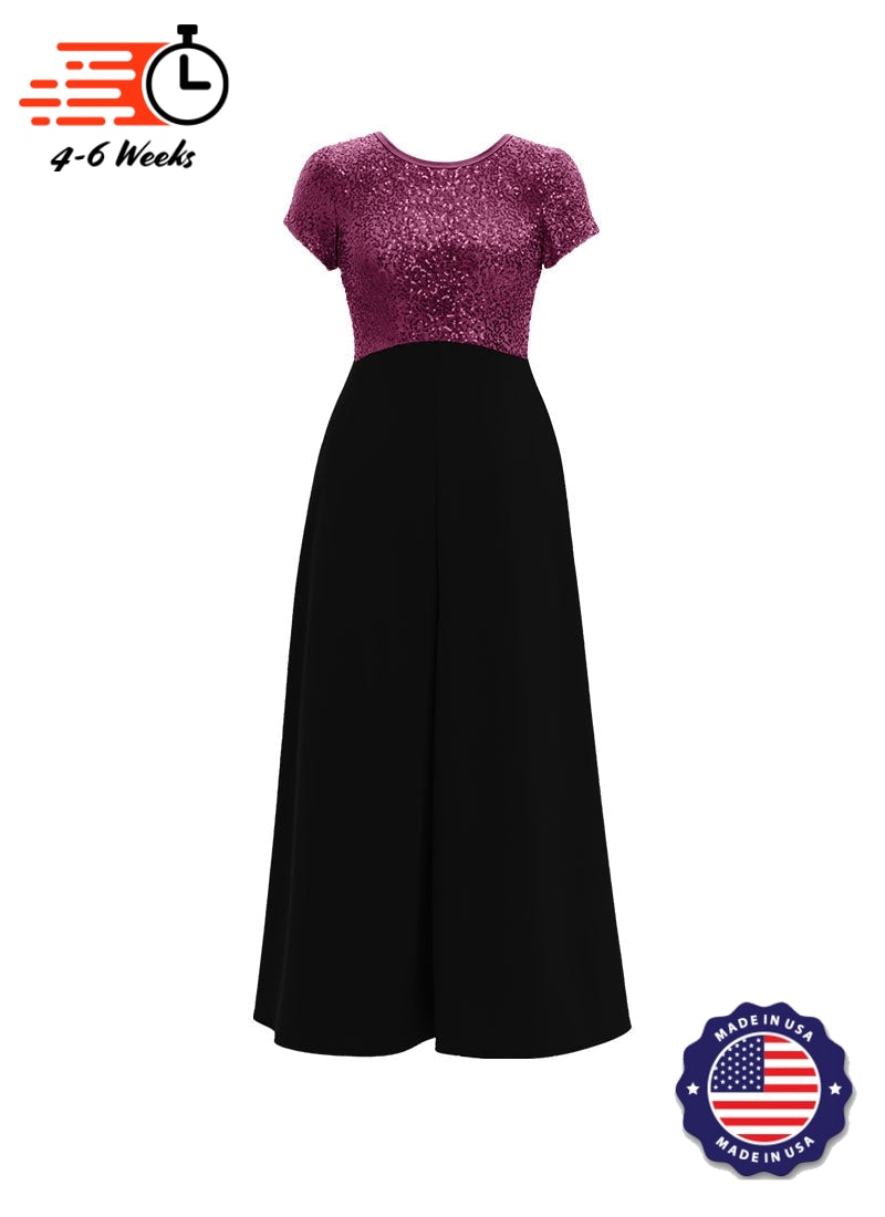 Jewel Neck V-Back Neck Short Sleeve Stretch Sequin Top/ Black Crepe Knit Palazzo Pant Jumpsuit