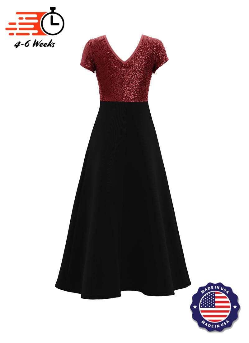 Jewel Neck V-Back Neck Short Sleeve Stretch Sequin Top/ Black Crepe Knit Gown