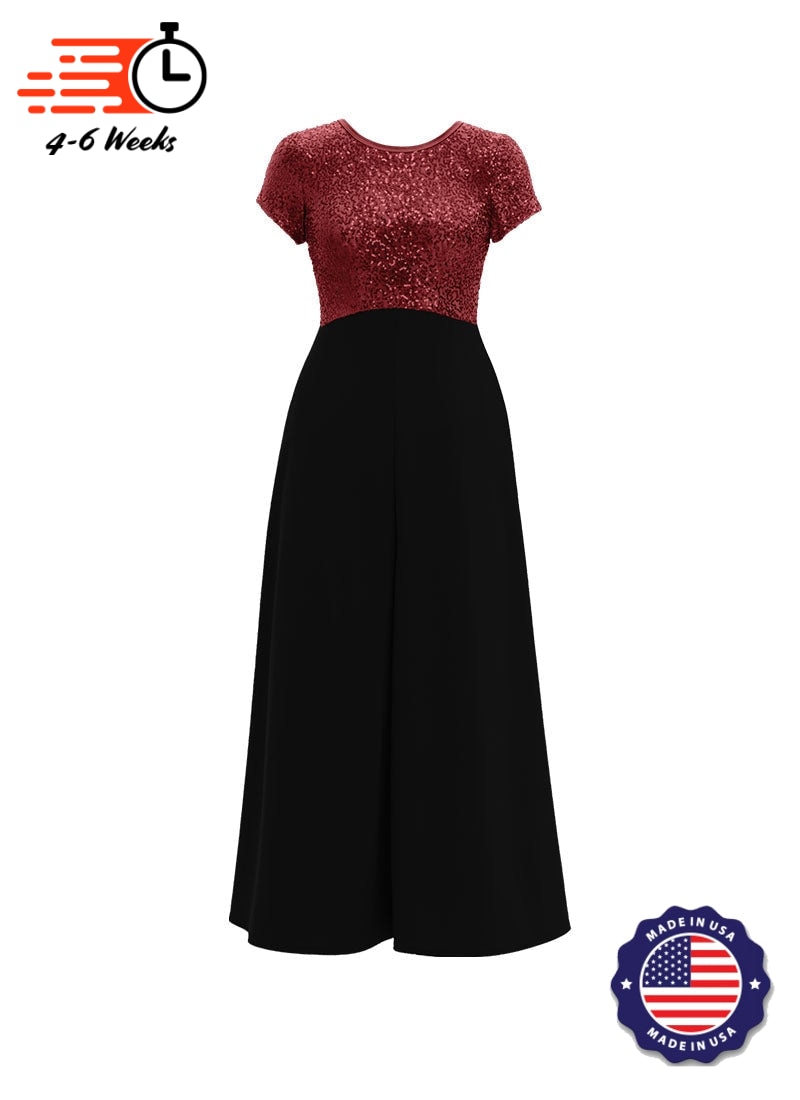 Jewel Neck V-Back Neck Short Sleeve Stretch Sequin Top/ Black Crepe Knit Palazzo Pant Jumpsuit