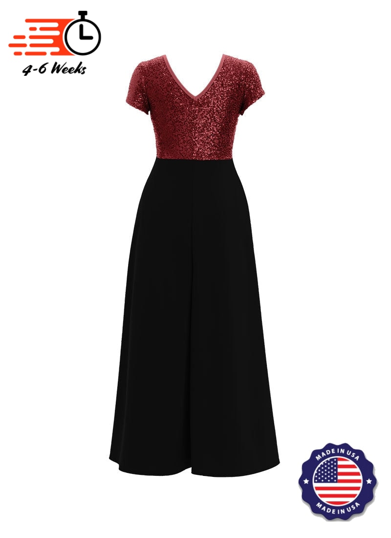 Jewel Neck V-Back Neck Short Sleeve Stretch Sequin Top/ Black Crepe Knit Palazzo Pant Jumpsuit