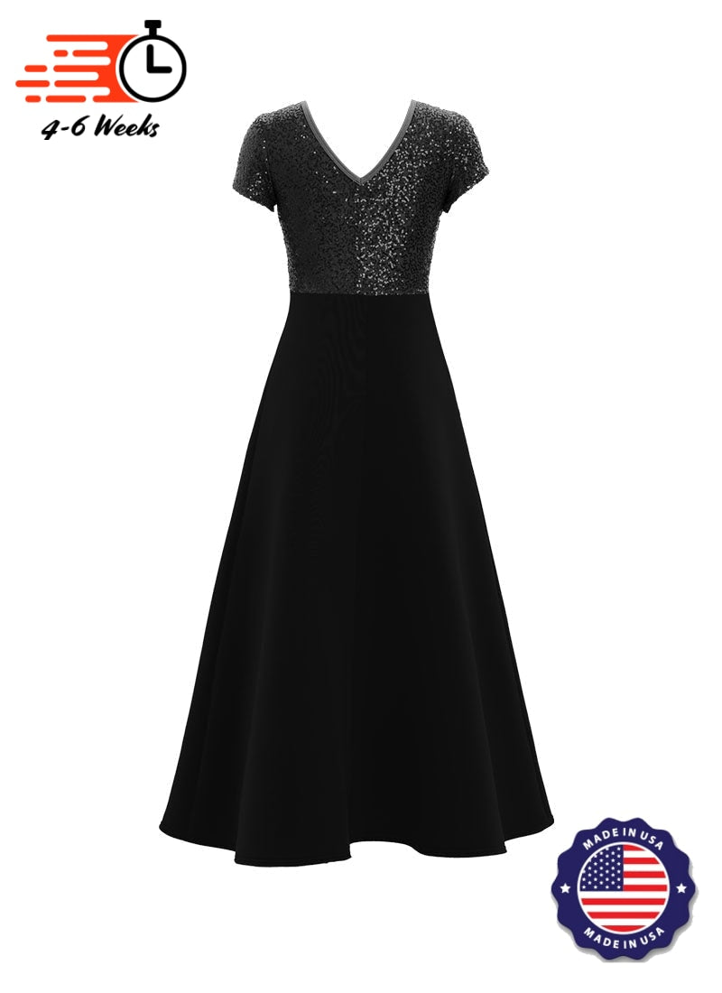 Jewel Neck V-Back Neck Short Sleeve Stretch Sequin Top/ Black Crepe Knit Gown