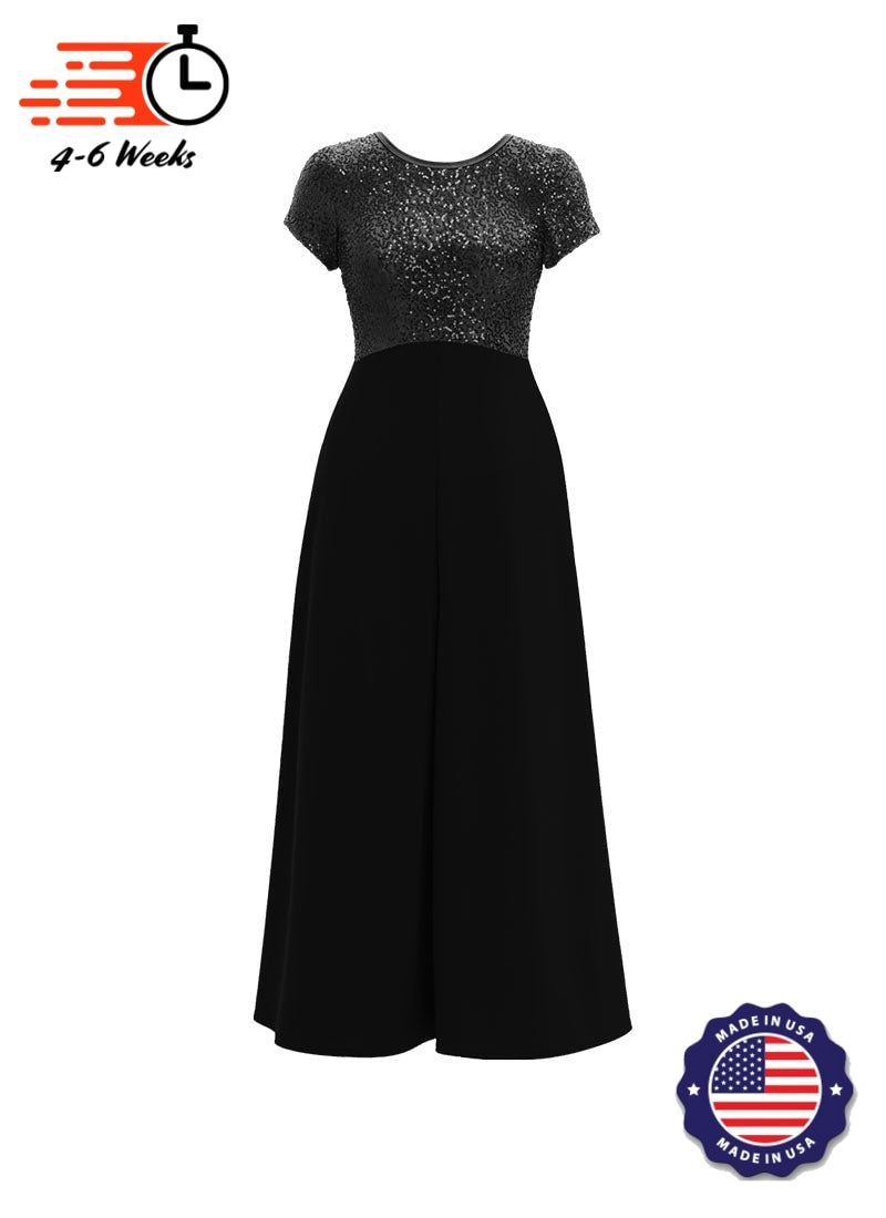 Jewel Neck V-Back Neck Short Sleeve Stretch Sequin Top/ Black Crepe Knit Palazzo Pant Jumpsuit