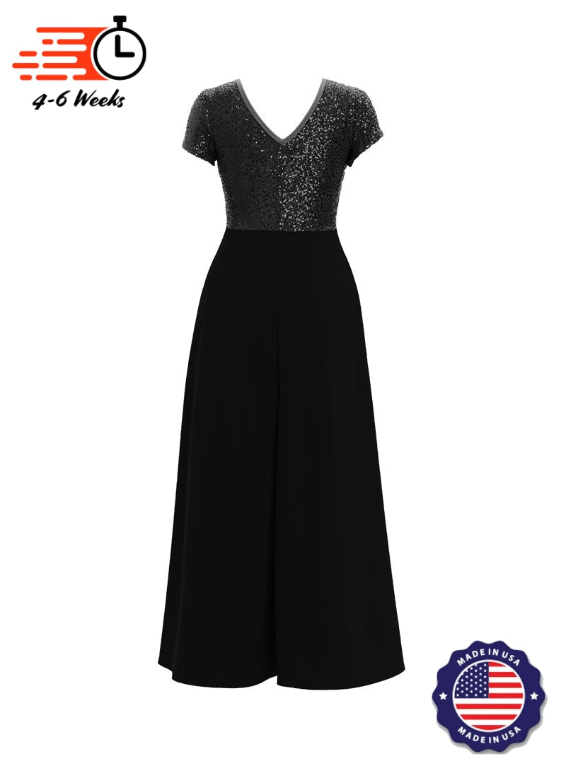 Jewel Neck V-Back Neck Short Sleeve Stretch Sequin Top/ Black Crepe Knit Palazzo Pant Jumpsuit