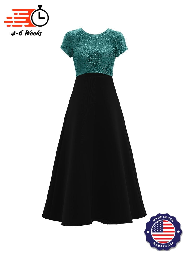 Jewel Neck V-Back Neck Short Sleeve Stretch Sequin Top/ Black Crepe Knit Gown