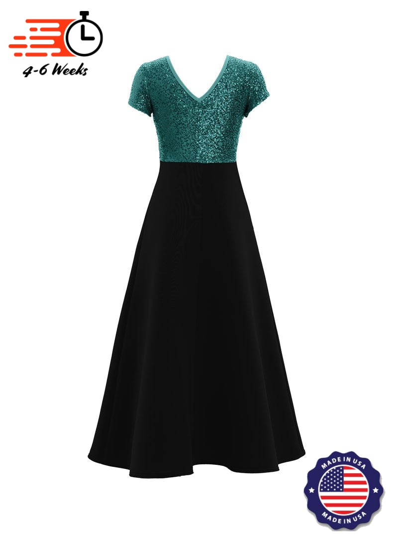 Jewel Neck V-Back Neck Short Sleeve Stretch Sequin Top/ Black Crepe Knit Gown