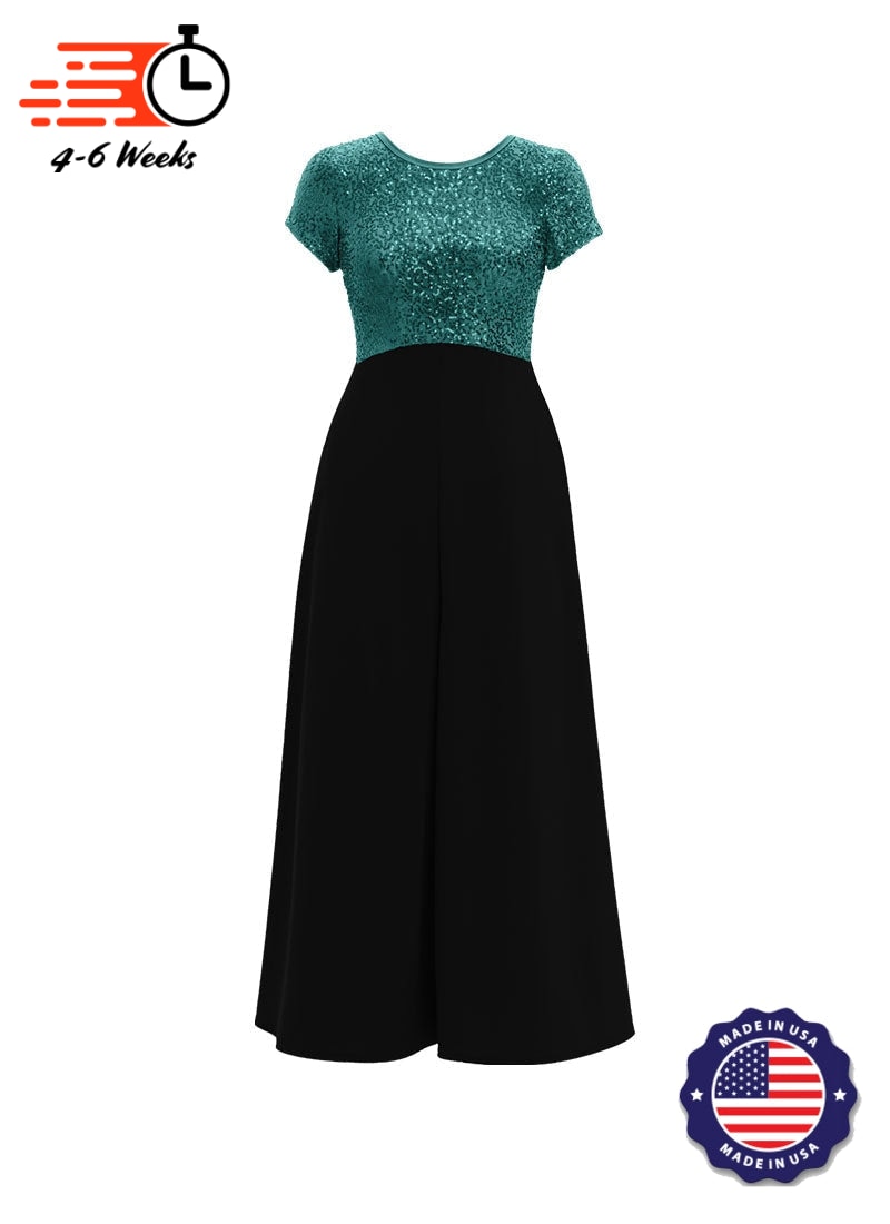 Jewel Neck V-Back Neck Short Sleeve Stretch Sequin Top/ Black Crepe Knit Palazzo Pant Jumpsuit