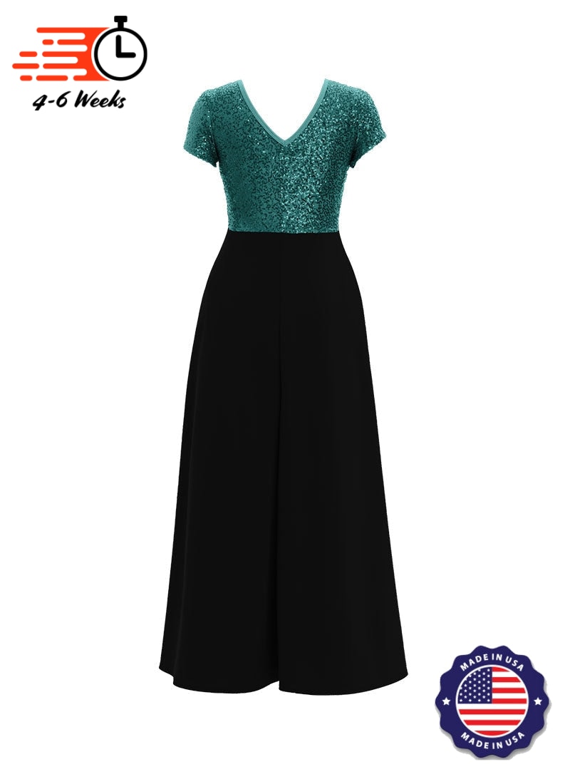 Jewel Neck V-Back Neck Short Sleeve Stretch Sequin Top/ Black Crepe Knit Palazzo Pant Jumpsuit