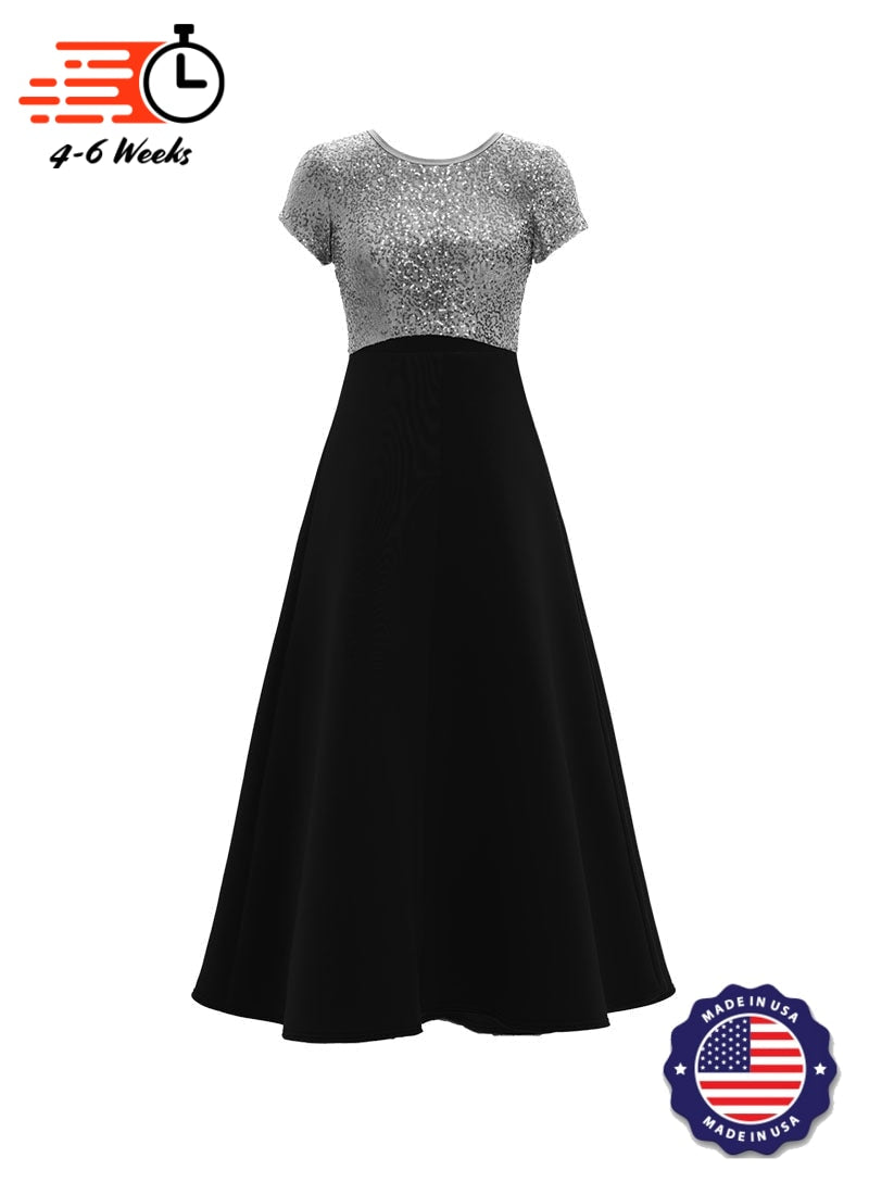 Jewel Neck V-Back Neck Short Sleeve Stretch Sequin Top/ Black Crepe Knit Gown