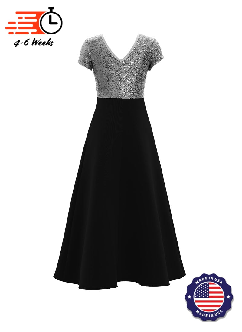 Jewel Neck V-Back Neck Short Sleeve Stretch Sequin Top/ Black Crepe Knit Gown