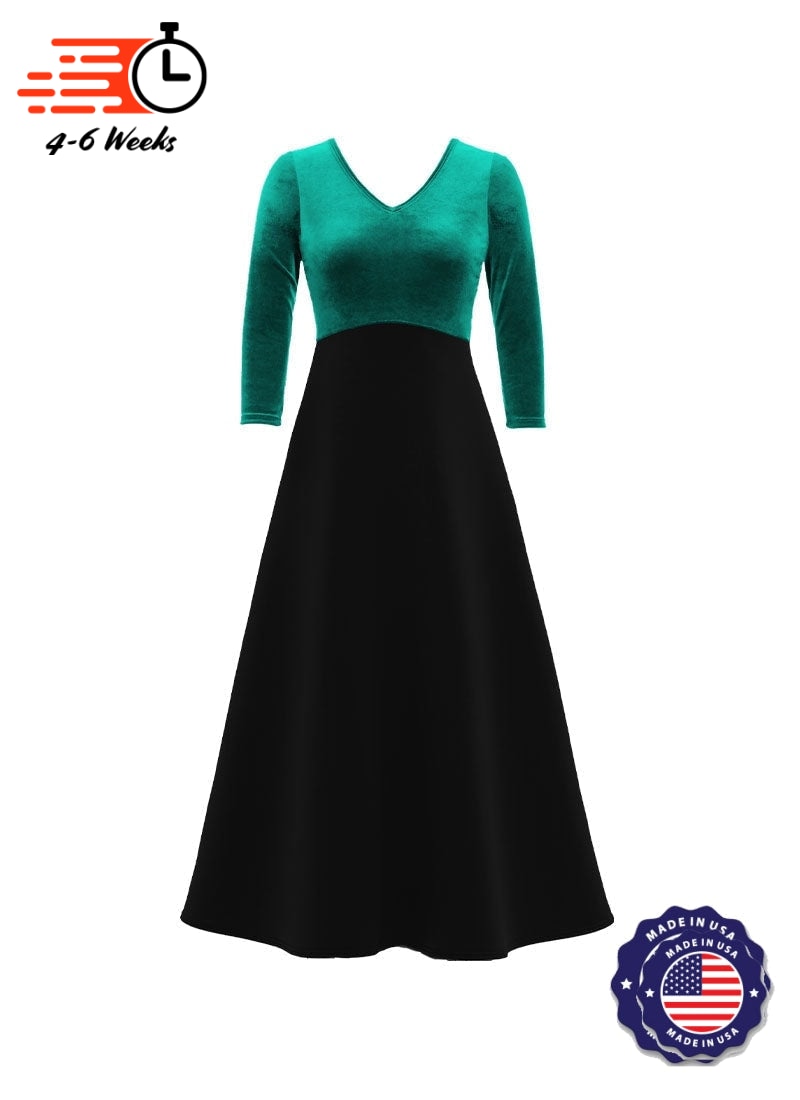 V-Neck High Back Neck 3/4 Sleeve Stretch Velvet Top/ Black Crepe Knit Gown