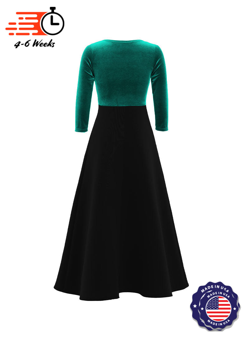 V-Neck High Back Neck 3/4 Sleeve Stretch Velvet Top/ Black Crepe Knit Gown