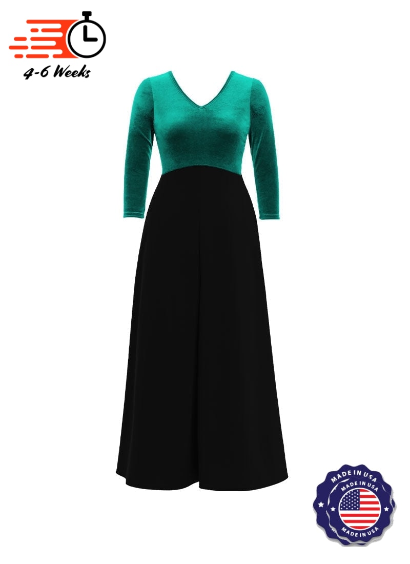 V-Neck High Back Neck 3/4 Sleeve Stretch Velvet Top/ Black Crepe Knit Palazzo Pant Jumpsuit