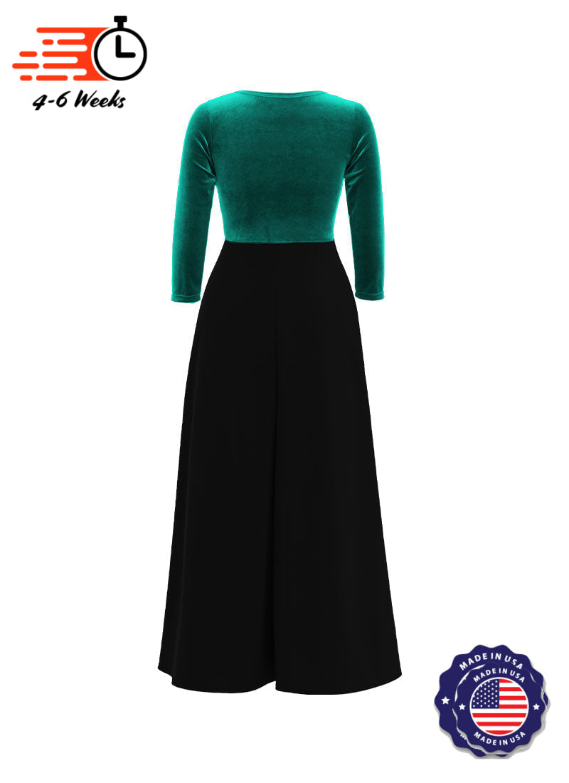 V-Neck High Back Neck 3/4 Sleeve Stretch Velvet Top/ Black Crepe Knit Palazzo Pant Jumpsuit