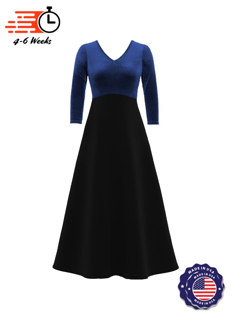 V-Neck High Back Neck 3/4 Sleeve Stretch Velvet Top/ Black Crepe Knit Gown