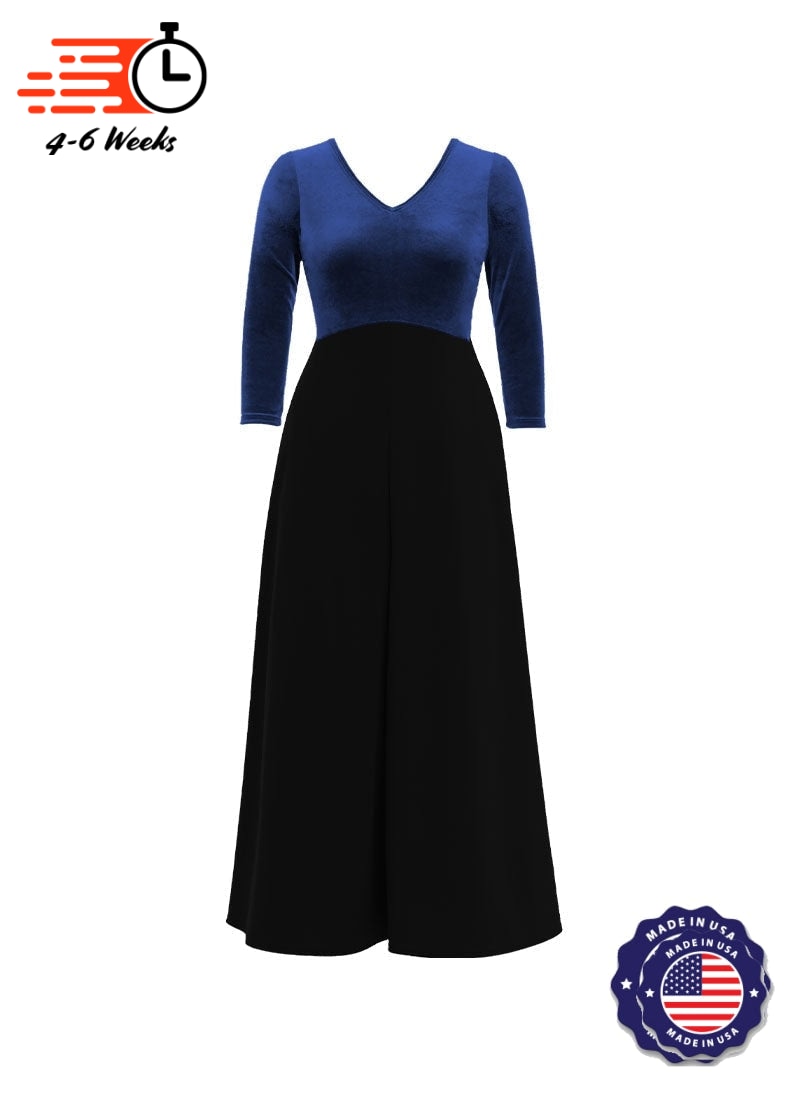 V-Neck High Back Neck 3/4 Sleeve Stretch Velvet Top/ Black Crepe Knit Palazzo Pant Jumpsuit