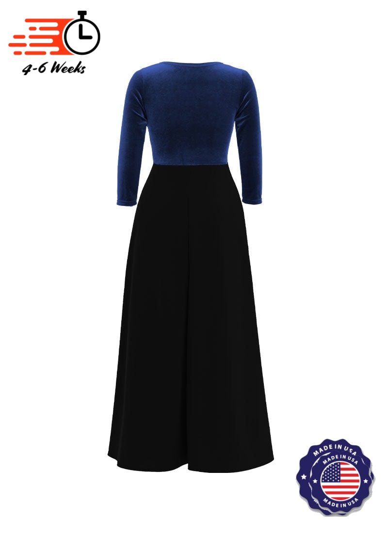 V-Neck High Back Neck 3/4 Sleeve Stretch Velvet Top/ Black Crepe Knit Palazzo Pant Jumpsuit
