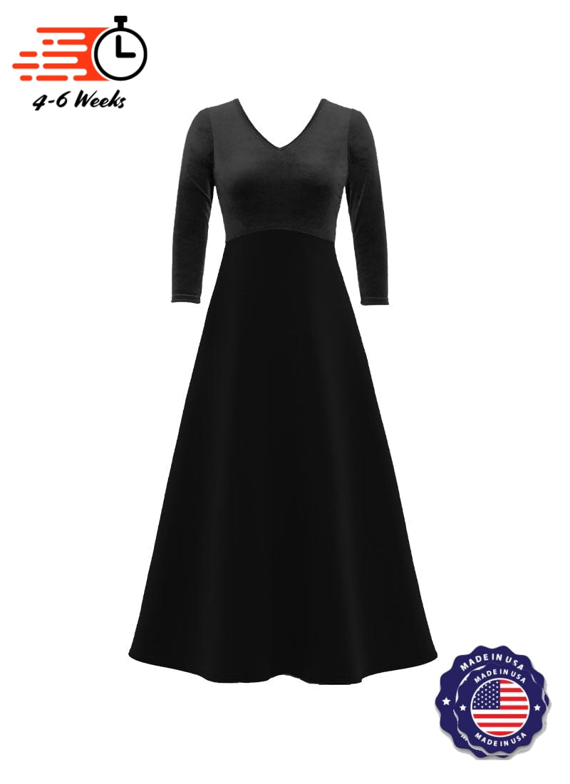 V-Neck High Back Neck 3/4 Sleeve Stretch Velvet Top/ Black Crepe Knit Gown