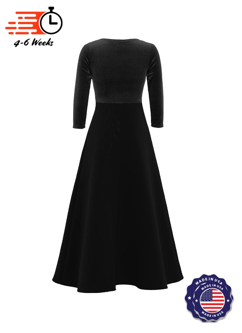 V-Neck High Back Neck 3/4 Sleeve Stretch Velvet Top/ Black Crepe Knit Gown