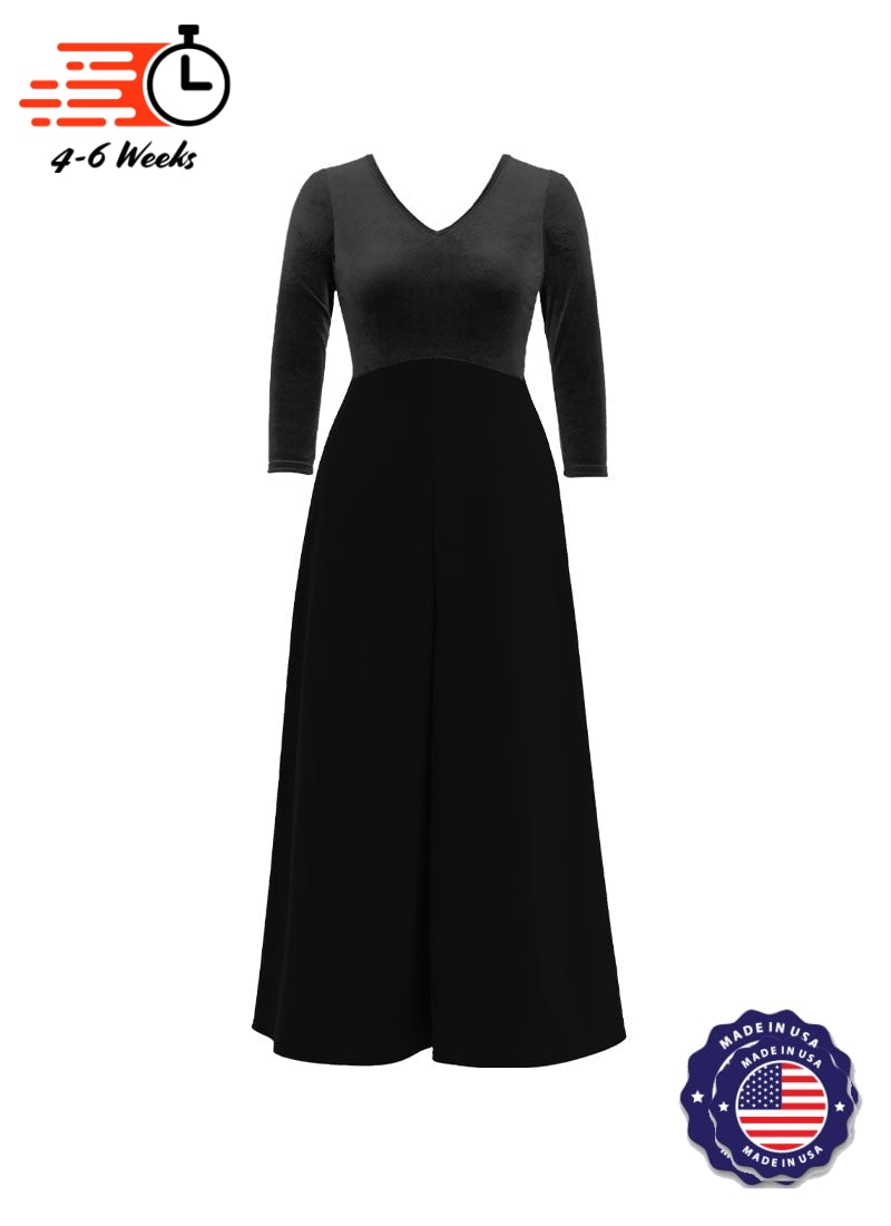 V-Neck High Back Neck 3/4 Sleeve Stretch Velvet Top/ Black Crepe Knit Palazzo Pant Jumpsuit