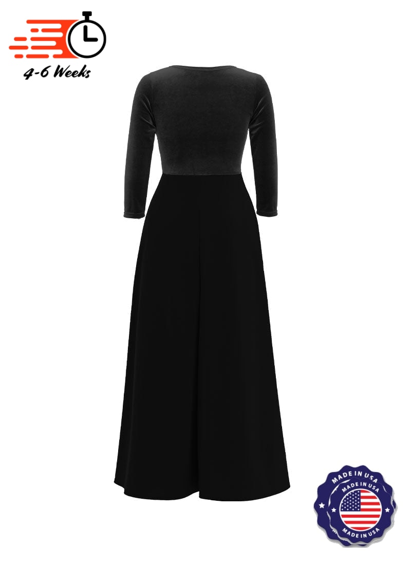V-Neck High Back Neck 3/4 Sleeve Stretch Velvet Top/ Black Crepe Knit Palazzo Pant Jumpsuit