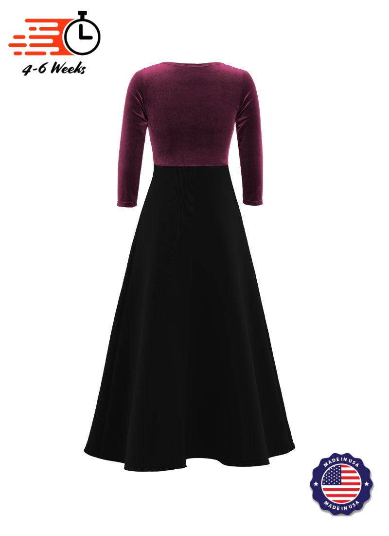 V-Neck High Back Neck 3/4 Sleeve Stretch Velvet Top/ Black Crepe Knit Gown