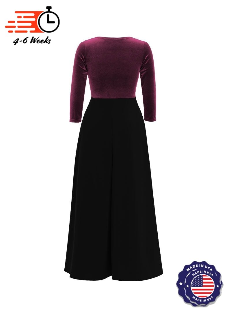 V-Neck High Back Neck 3/4 Sleeve Stretch Velvet Top/ Black Crepe Knit Palazzo Pant Jumpsuit
