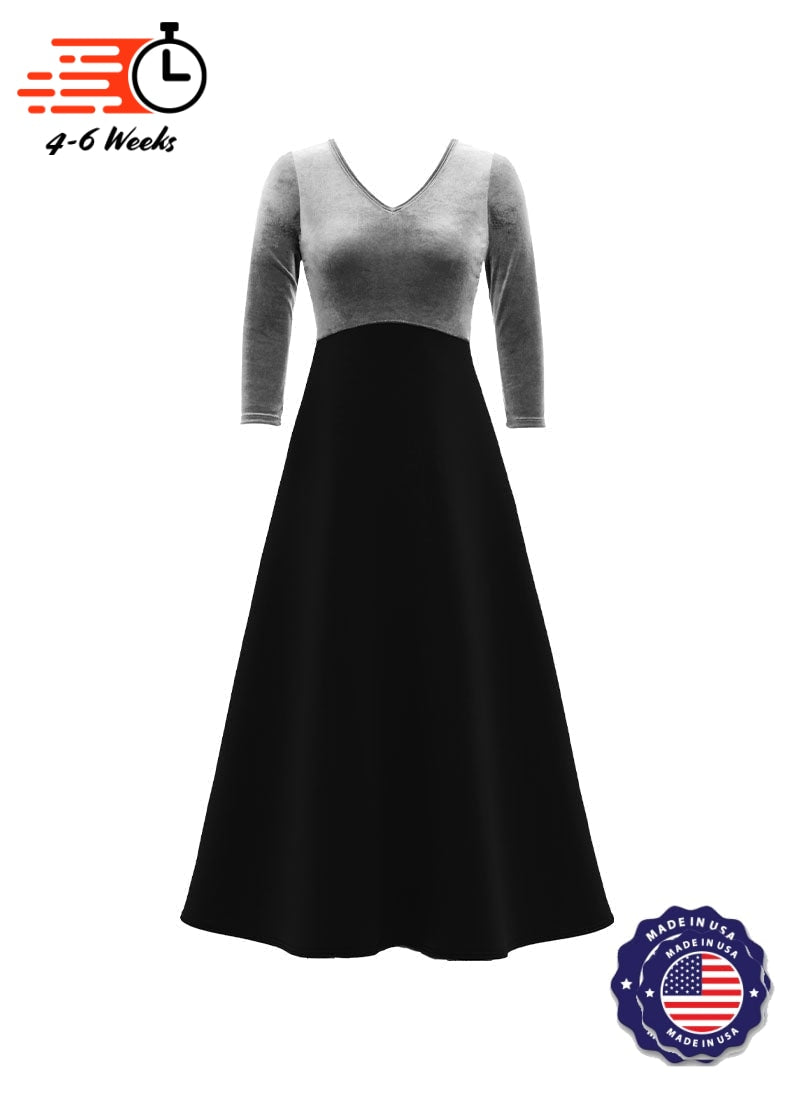 V-Neck High Back Neck 3/4 Sleeve Stretch Velvet Top/ Black Crepe Knit Gown