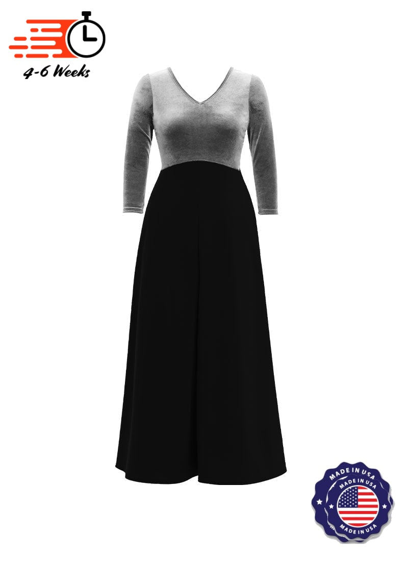 V-Neck High Back Neck 3/4 Sleeve Stretch Velvet Top/ Black Crepe Knit Palazzo Pant Jumpsuit