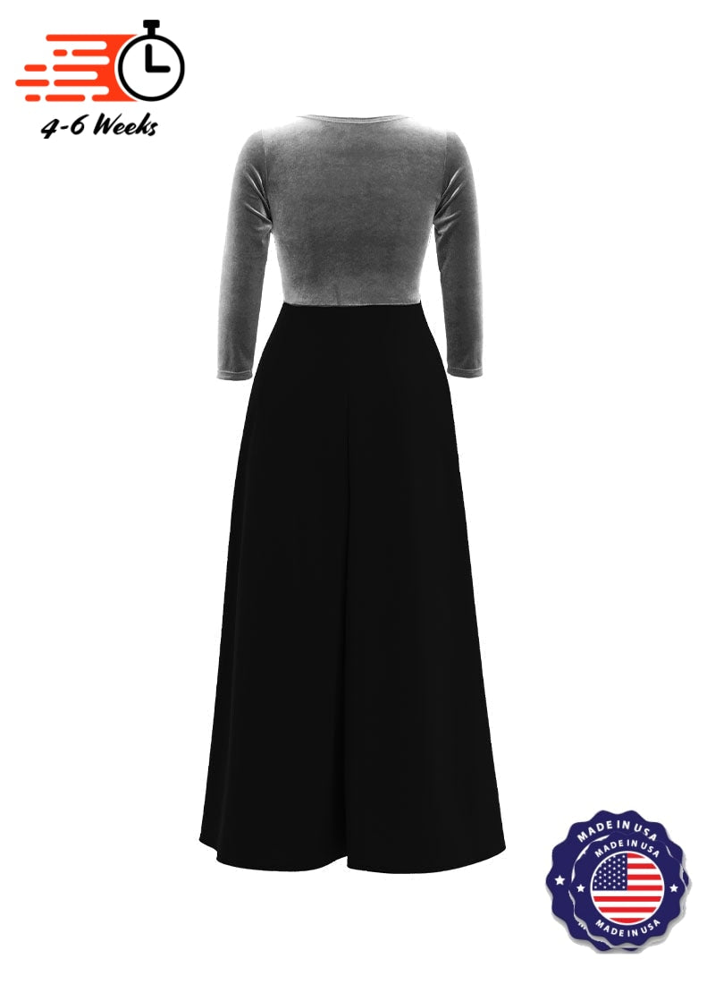 V-Neck High Back Neck 3/4 Sleeve Stretch Velvet Top/ Black Crepe Knit Palazzo Pant Jumpsuit