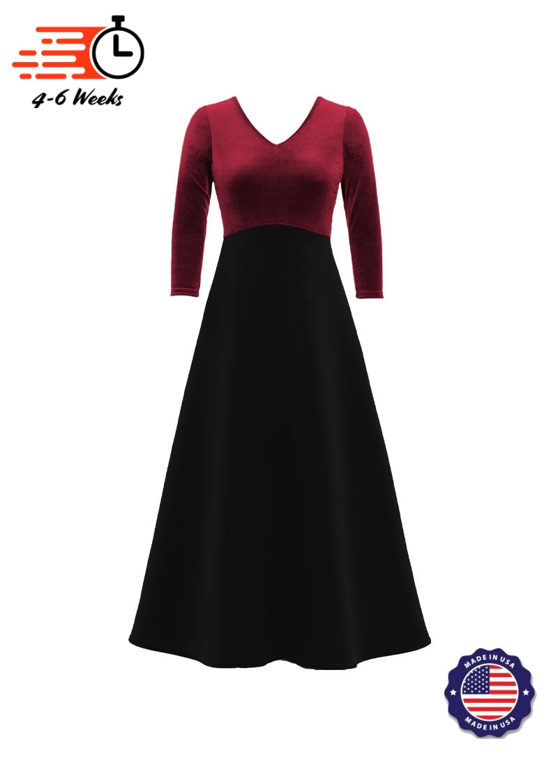 V-Neck High Back Neck 3/4 Sleeve Stretch Velvet Top/ Black Crepe Knit Gown
