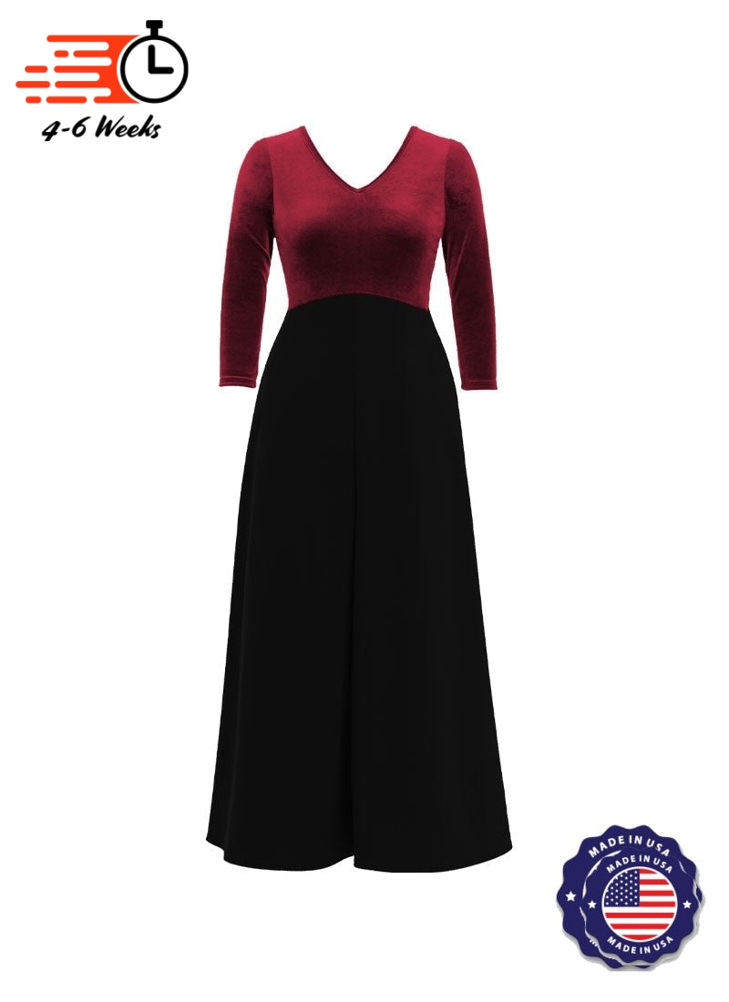 V-Neck High Back Neck 3/4 Sleeve Stretch Velvet Top/ Black Crepe Knit Palazzo Pant Jumpsuit