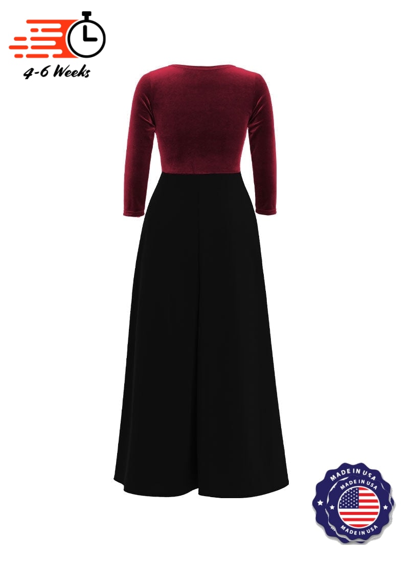 V-Neck High Back Neck 3/4 Sleeve Stretch Velvet Top/ Black Crepe Knit Palazzo Pant Jumpsuit