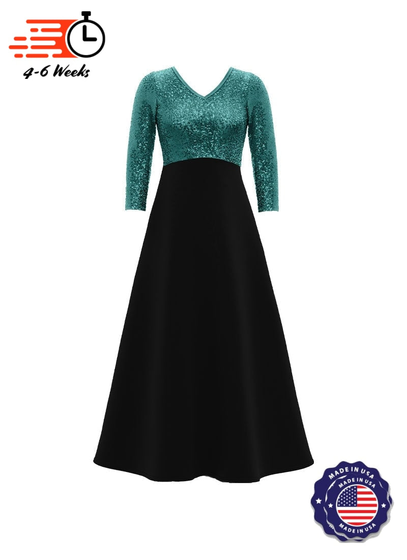 V-Neck High Back Neck 3/4 Sleeve Stretch Sequin Top/ Black Crepe Knit Gown