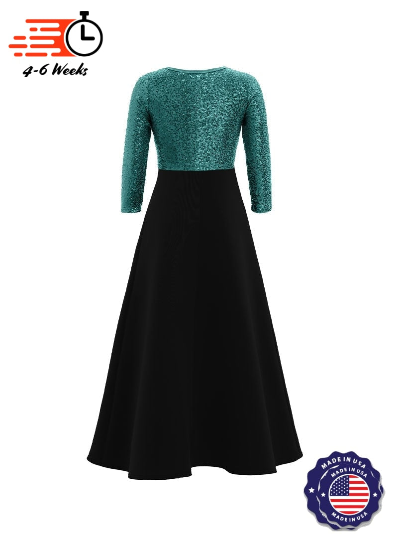 V-Neck High Back Neck 3/4 Sleeve Stretch Sequin Top/ Black Crepe Knit Gown