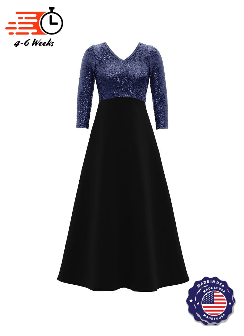 V-Neck High Back Neck 3/4 Sleeve Stretch Sequin Top/ Black Crepe Knit Gown