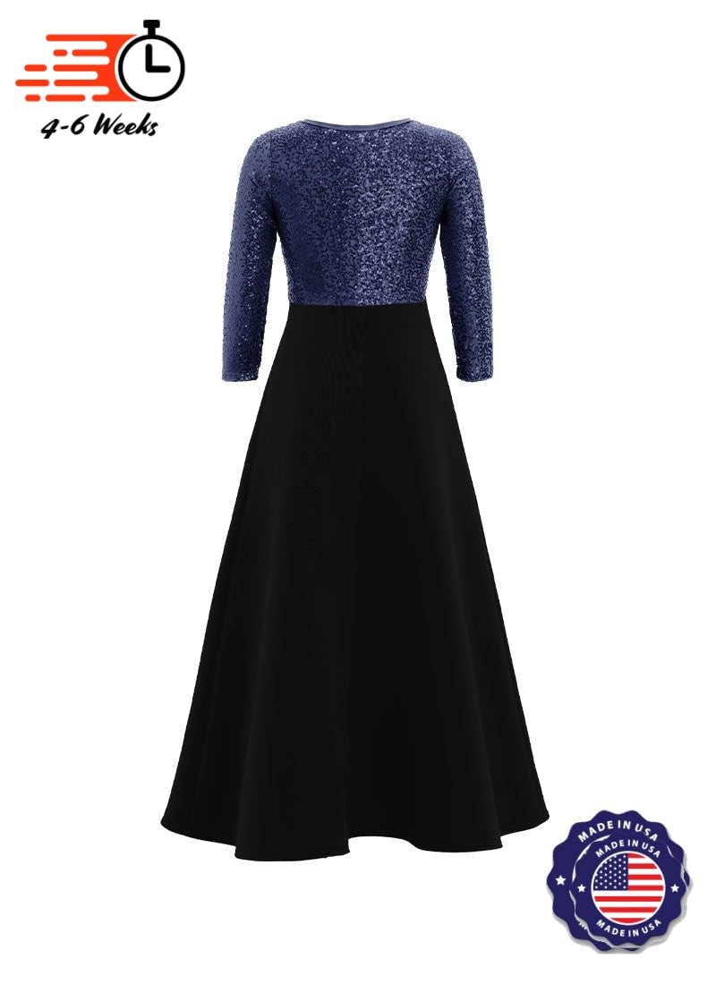 V-Neck High Back Neck 3/4 Sleeve Stretch Sequin Top/ Black Crepe Knit Gown