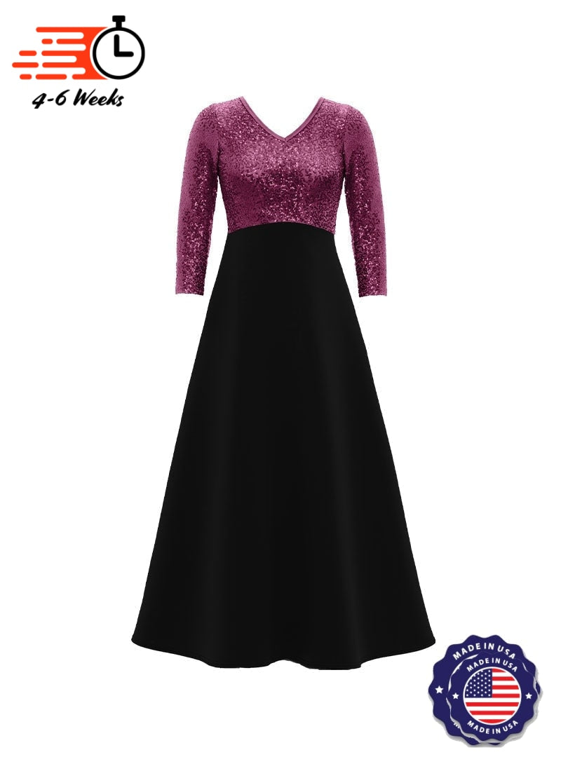 V-Neck High Back Neck 3/4 Sleeve Stretch Sequin Top/ Black Crepe Knit Gown