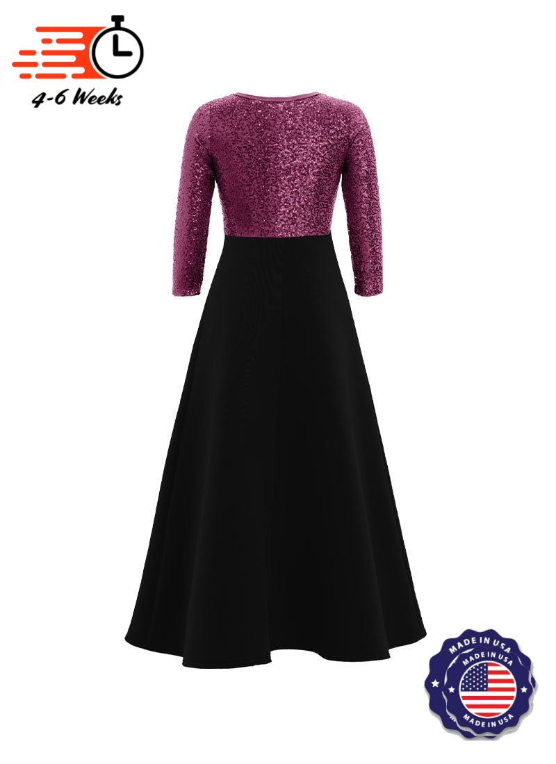 V-Neck High Back Neck 3/4 Sleeve Stretch Sequin Top/ Black Crepe Knit Gown