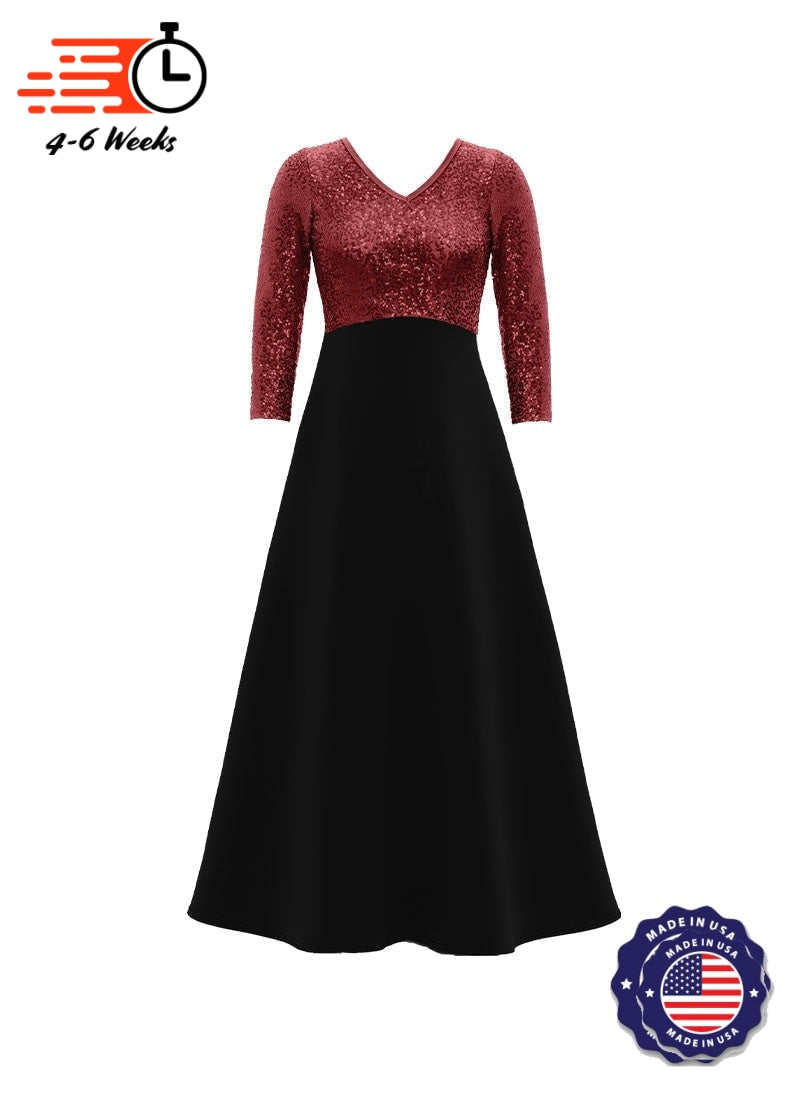 V-Neck High Back Neck 3/4 Sleeve Stretch Sequin Top/ Black Crepe Knit Gown