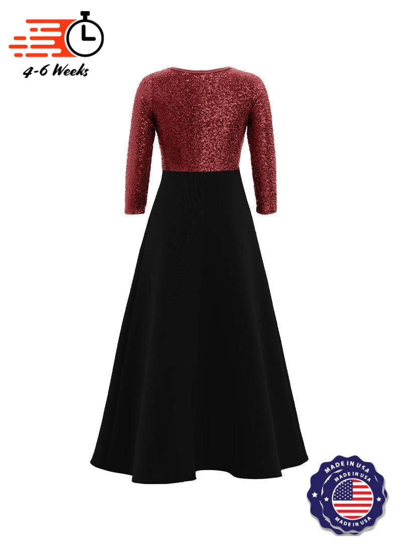 V-Neck High Back Neck 3/4 Sleeve Stretch Sequin Top/ Black Crepe Knit Gown