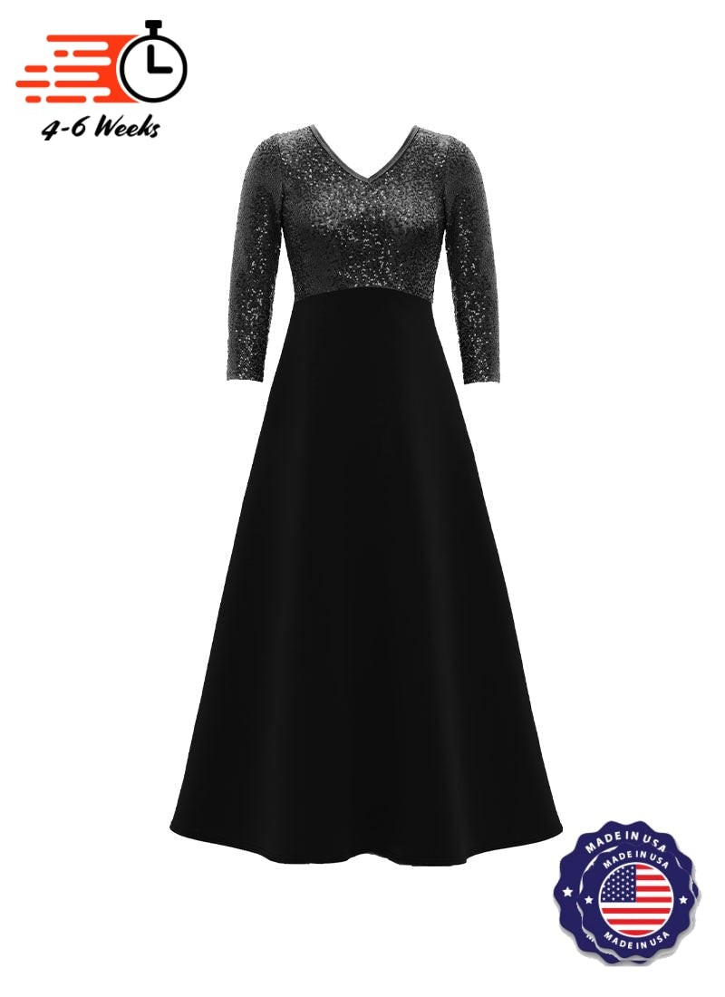 V-Neck High Back Neck 3/4 Sleeve Stretch Sequin Top/ Black Crepe Knit Gown