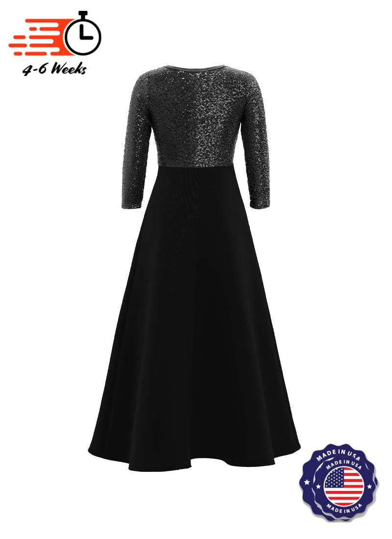 V-Neck High Back Neck 3/4 Sleeve Stretch Sequin Top/ Black Crepe Knit Gown