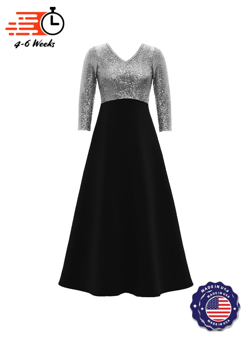 V-Neck High Back Neck 3/4 Sleeve Stretch Sequin Top/ Black Crepe Knit Gown