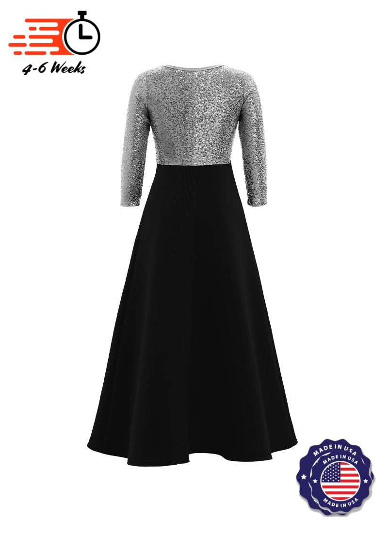 V-Neck High Back Neck 3/4 Sleeve Stretch Sequin Top/ Black Crepe Knit Gown